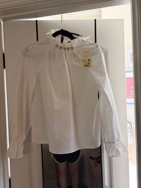 NWT Sezane White Ruffled Collar Blouse with Gold Buttons